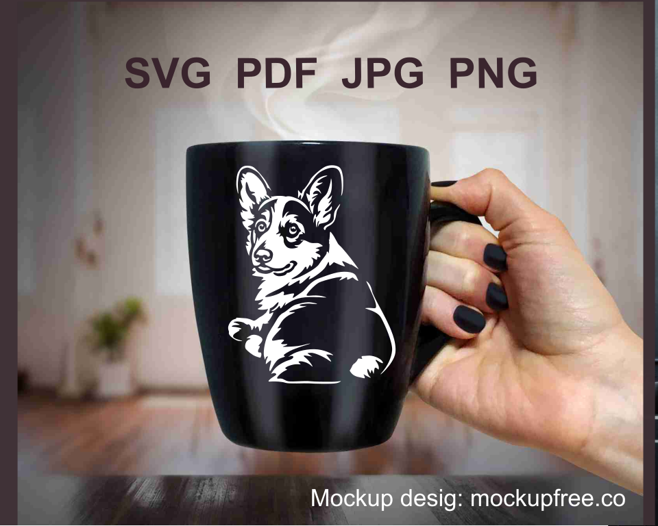 corgi white clip art sticker on  a black mug, holded by woman hand