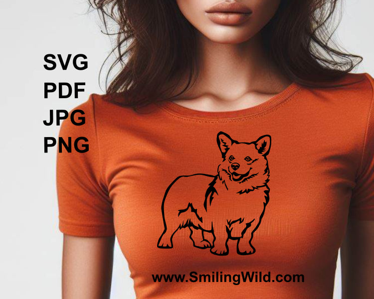 corgi dog t shirt design on an orange wwoman apperel