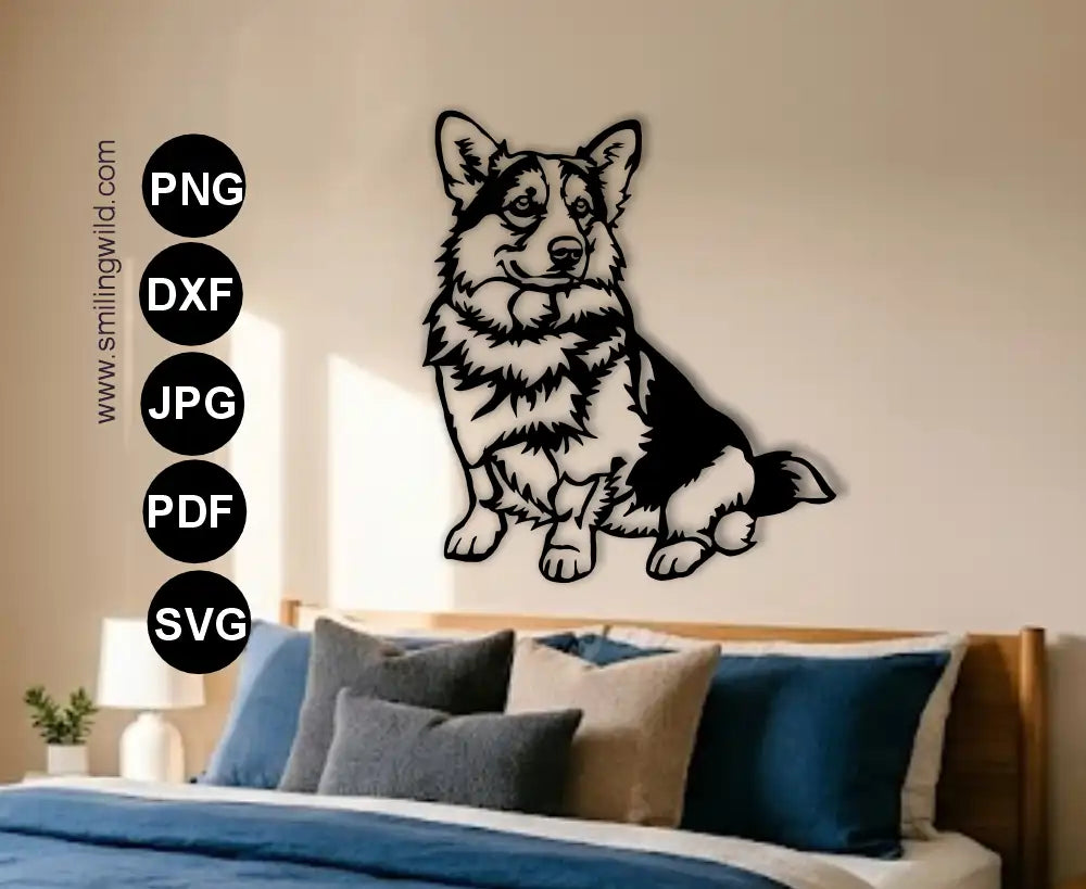 High-fidelity dog vector clipart showcasing the specific structural lines of the Cardigan Corgi breed in DXF format as a wall art single piece desing