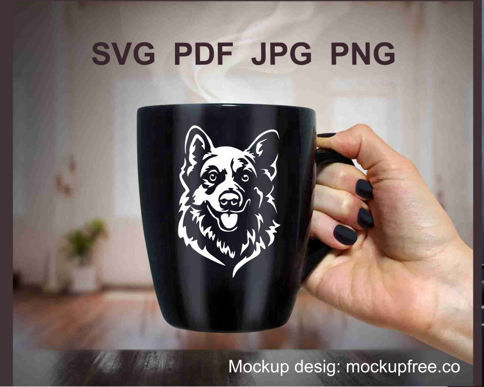 welsh corgi face in printeble design made as black mug applique