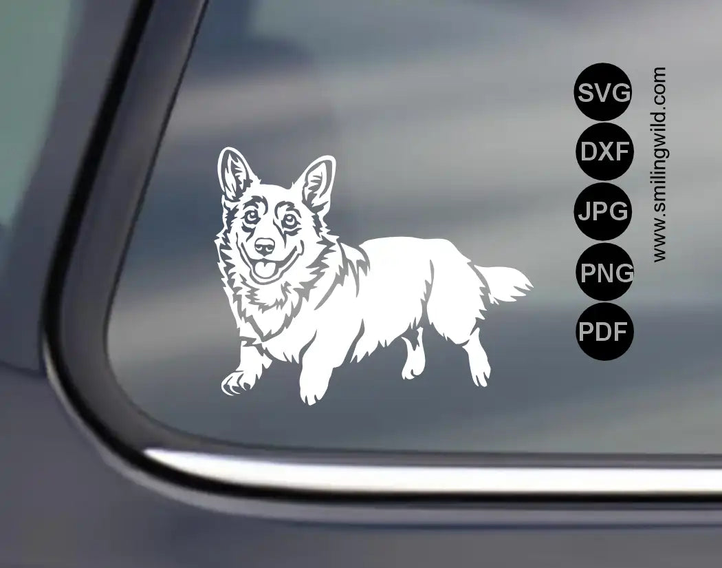 A laser, cnc and Cricut grpahic cliprat file of a Corgi PNG and DXF clipart visualized as a car decal