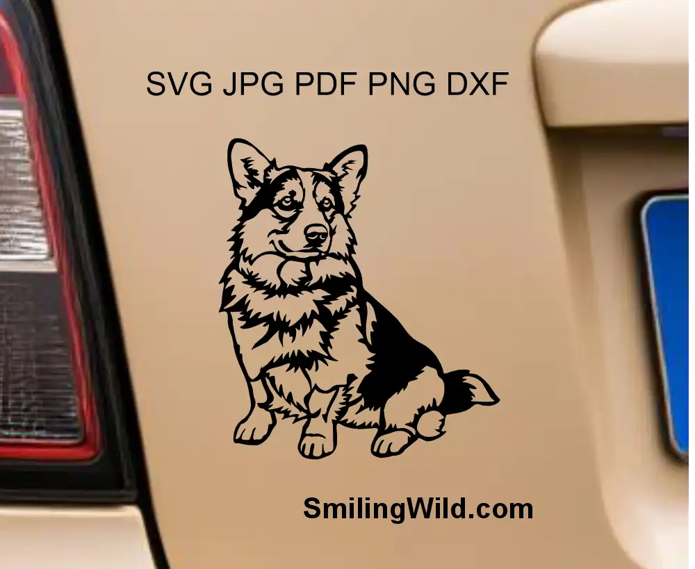 detailed realistic illustration of a sitting Welsh Corgi Cardigan  with a transparent background in PNG graphic format visualized as a car decal.