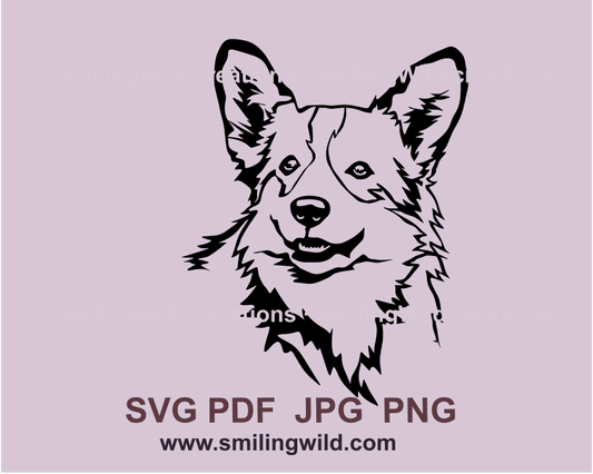 Welsh corgi svg clip art shows a smiling dog face looking over it's shoulder