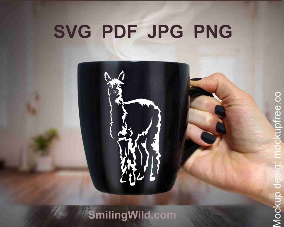 cute lama clirt illustreation used as vector graphic laser cut file black mug application