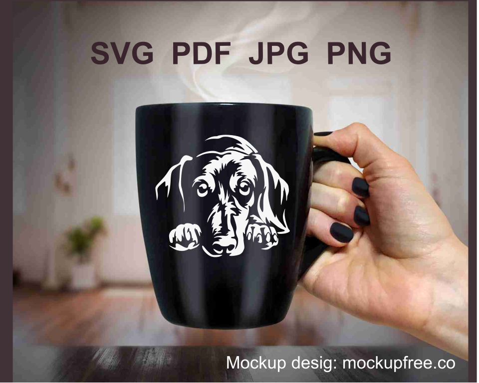 A white graphic dachshund porttrait of smooth lines printed on a black mug