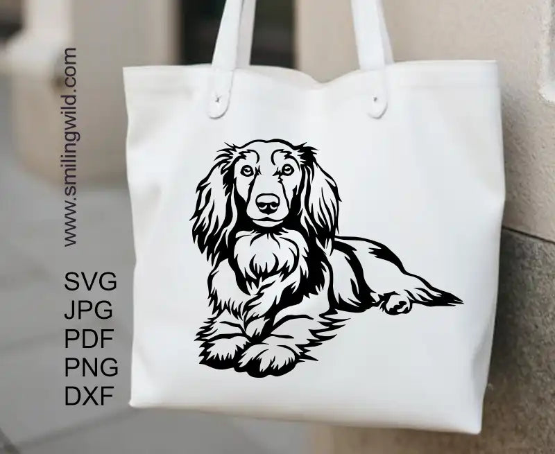 Preview of the SVG, PNG, and DXF files included, confirming the wiener dog cut file formats.