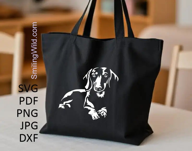 Smooth Dachshund SVG White drawing made as a digital Vector Clipart file preview, confirming PNG and svg formats are included for use with Silhouette and other cutting machines.