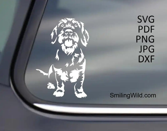 A white stencil and sticker file of a wirehaired dachshund SVG and png clipart drawing for cnc or vinyl cutting presented as a car window decal.
