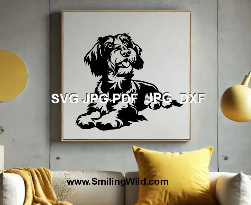Dackel head SVG – Wirehaired Dachshund vector for laser craft in a preview image with wall art