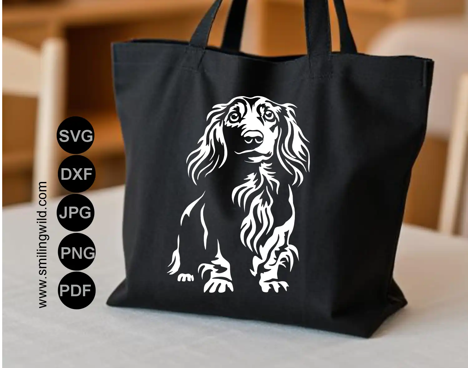 White Wiener dog SVG & png cut file for Cricut and vinyl decals showcasing a long haired dachsund frontal view