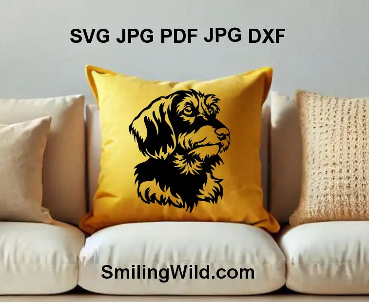 Dackel sausage dog vector portrait – svg, png and DXF file for engraving and pet-themed signs displayed on a pillow as an embroidery sample