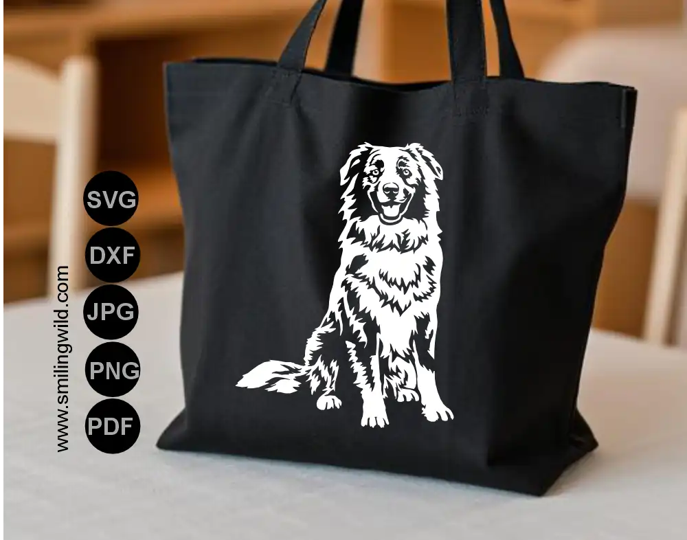 Detailed Aussie DXF and PNG files sitting dog digital drawing for laser engraving and printing
