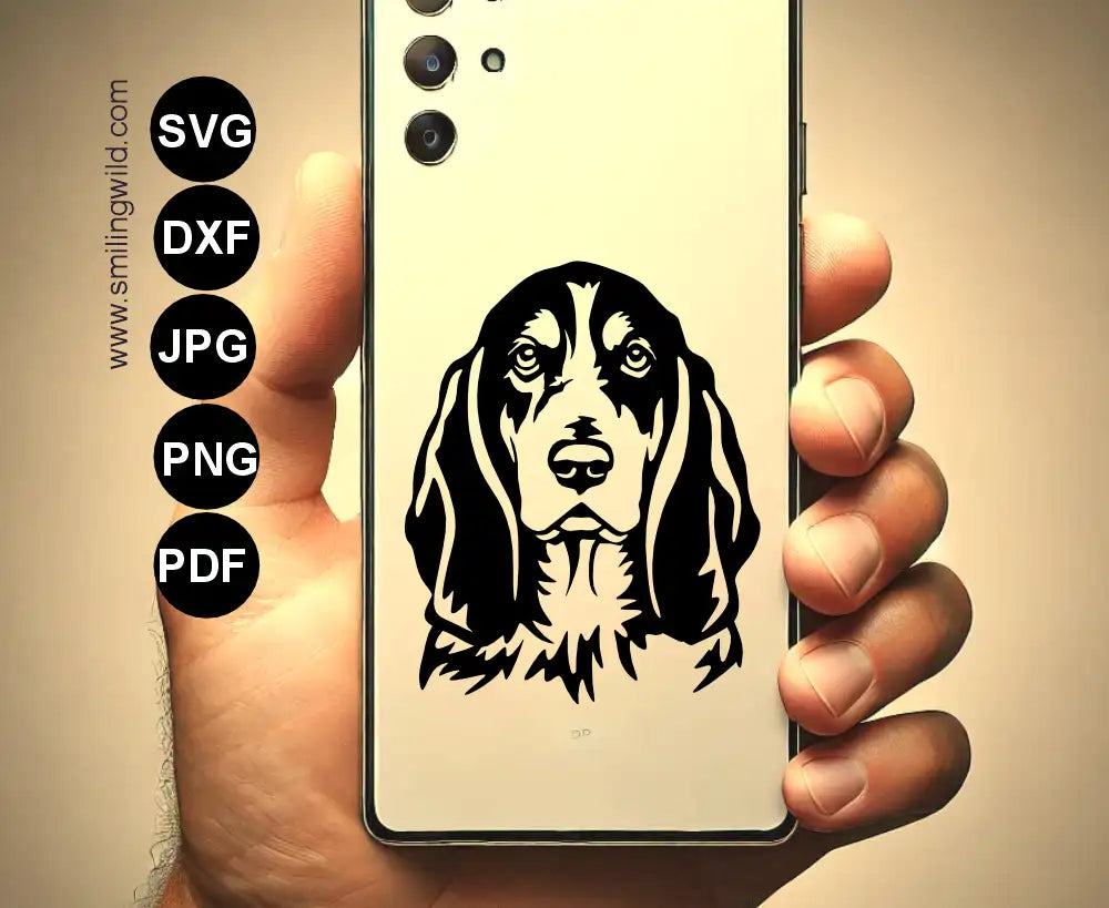 Vector grpahic illustration of a Basset Bleu de Gascogne hound head with a transparent background in PNG graphic format visualization as a phone case sticker