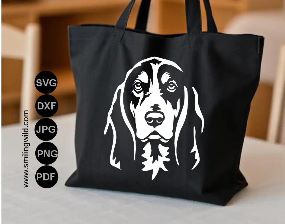 Basset Bleu de Gascogne hound head rendered as a white detailed graphic with a transparent PNG background and shown as a tote bag application