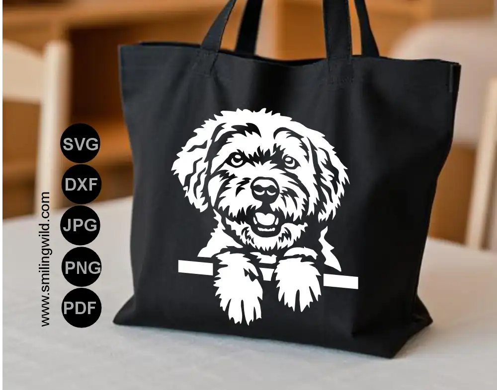 Digitally handcrafted peeking bolonka zwetna frontal detailed portrait graphic in transparent background white png format. presented on a tote bag visualisation