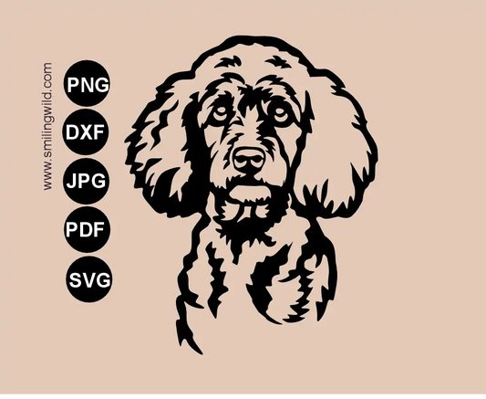 Detailed frontal poodle svg clipart portrait digitally handcrafted dog vector for laser cutting and cricut setups.