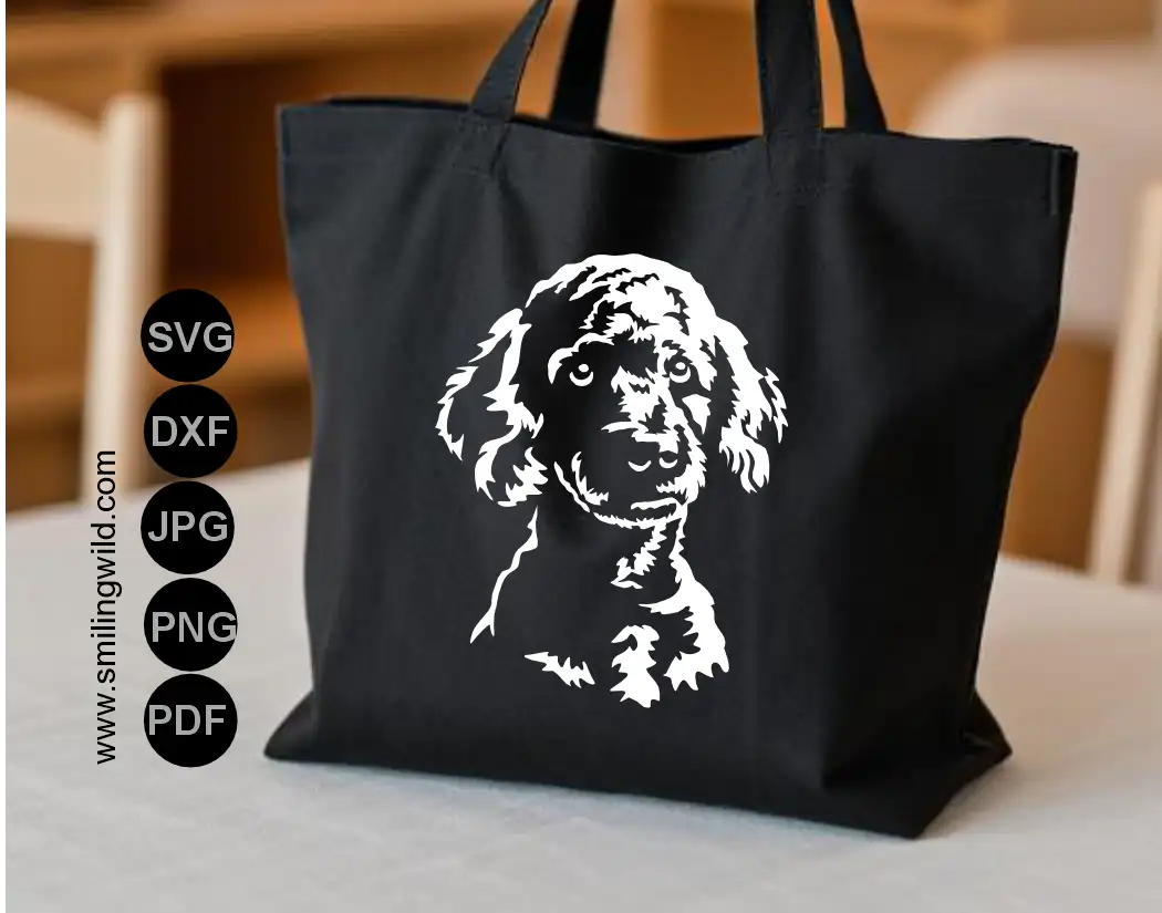 A tote bag decal preview iamge for Fine technical line drawing of a Poodle head portrait rendered as a white graphic with a transparent PNG background