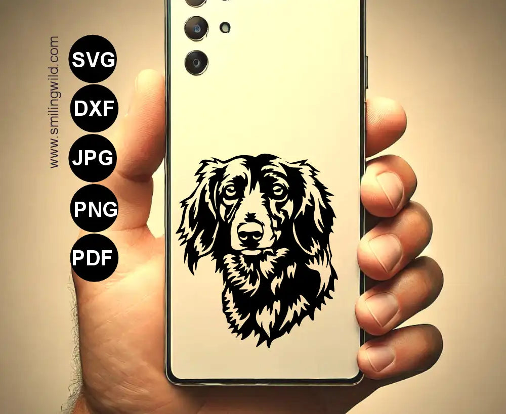 Realistic Detailed wiener dog portrait drawing png for Cricut, cnc and custom crafting projects shown as phine case sticker