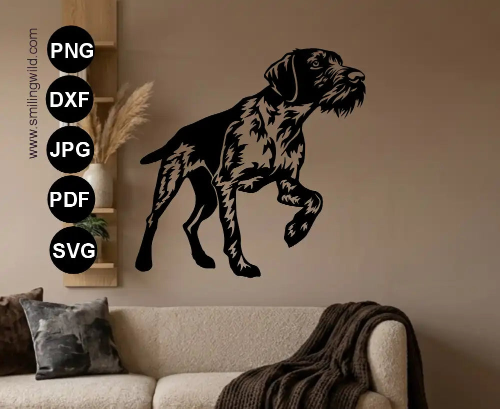 Detailed realistic Wirehaired Pointer in pointing position SVG and DXF for CNC and wall art