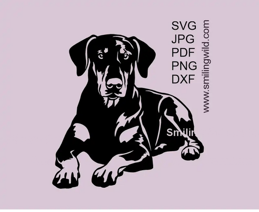 Dobermann SVG Vector Art Image featuring a full body lying Dog for crafting and DIY projects.