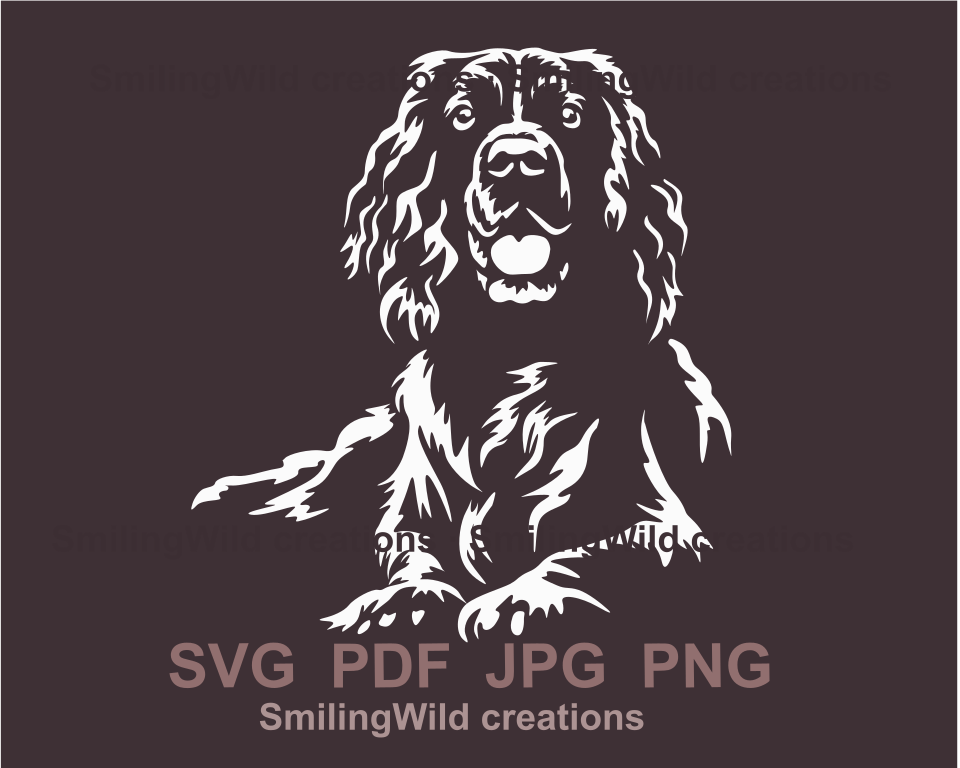 a lying springer spaniel is smiling and looking forward. this is a white svg graphic art sample