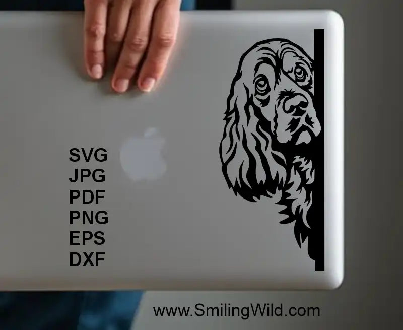 Product sample image of a laptop sticker design of Dog peeking around corner Cocker Spaniel SVG PNG DXF vector clipart for laser engraving and DIY crafts