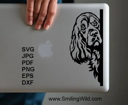Product sample image of a laptop sticker design of Dog peeking around corner Cocker Spaniel SVG PNG DXF vector clipart for laser engraving and DIY crafts