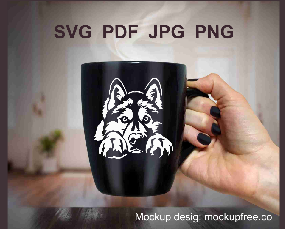 husky white cuttable art printed on a black mug