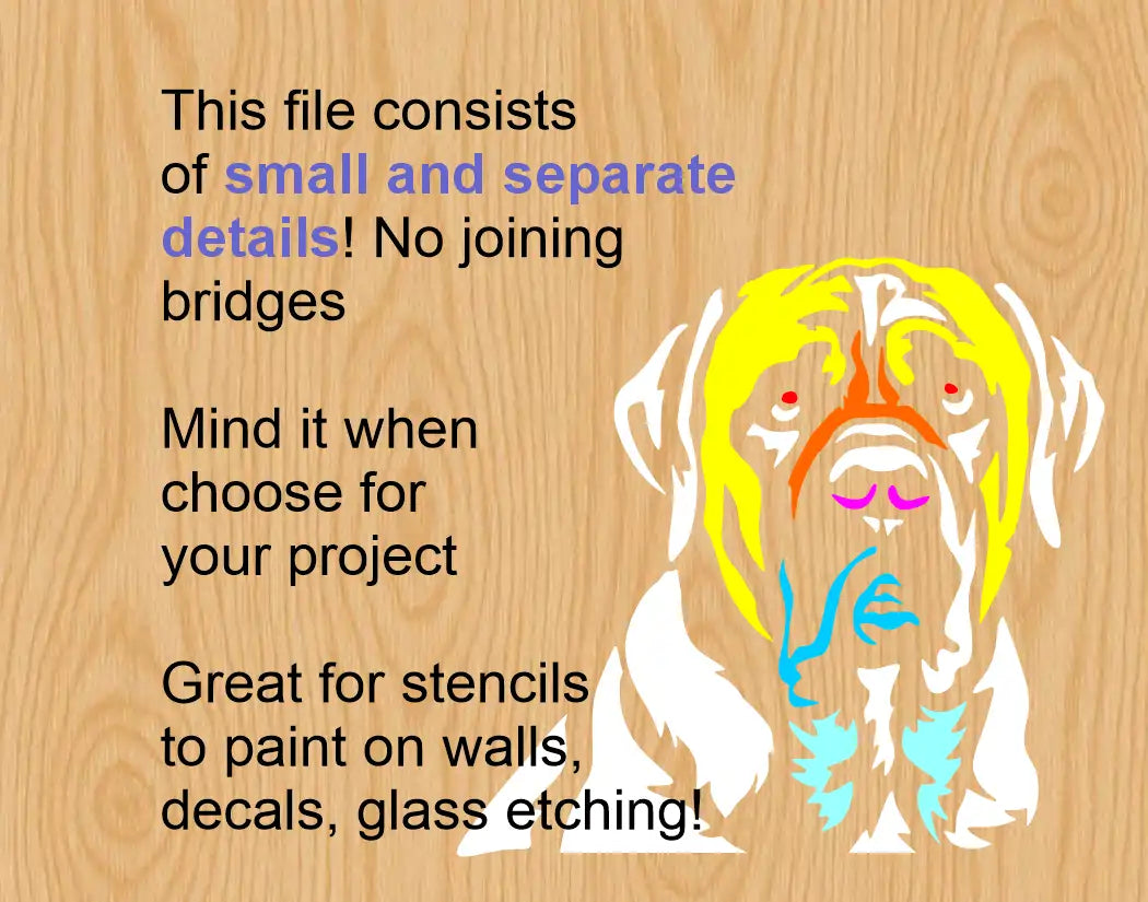 English Mastiff white vector cut file preview in SVG DXF PNG showing detailed separate pieces for airbrush stencil cutouts