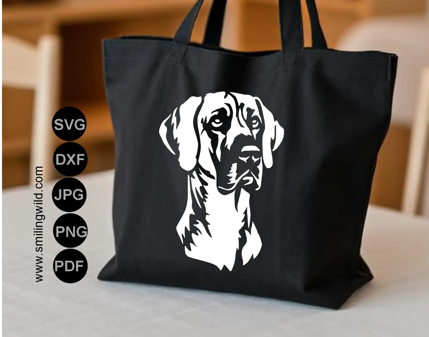 High-contrast dog white vector clipart displaying the distinct noble jawline of the Great Dane breed in DXF format shown as a tote bag decal