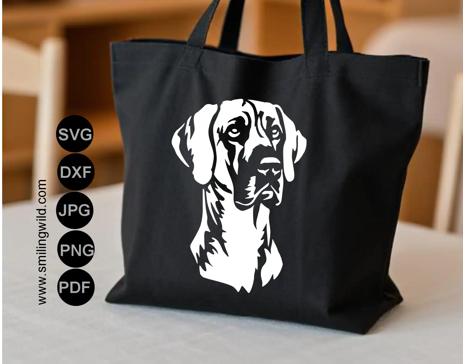 High-contrast dog white vector clipart displaying the distinct noble jawline of the Great Dane breed in DXF format shown as a tote bag decal