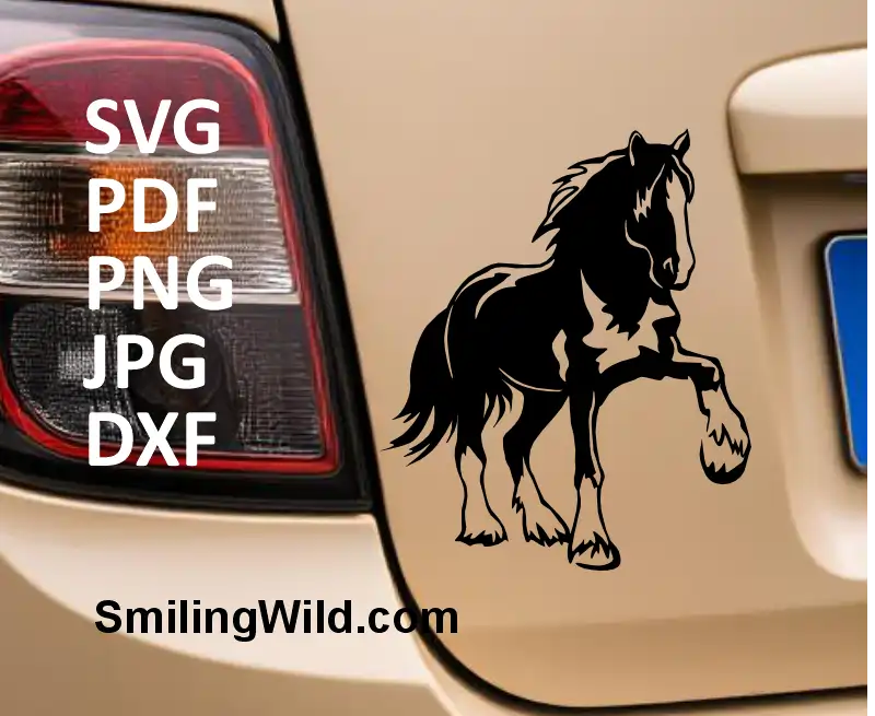Draft horse head SVG, PNG, DXF file crafted as a car sticker showcases a Shire horse cutting graphic for Cricut, Silhouette, and crafting machines