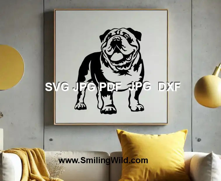 wall art design idea in reviev image of English Bulldog DXF file – full-body black vector for Silhouette and laser engraving