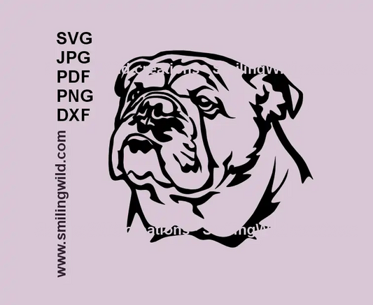 English Bulldog SVG head portrait – black dog vector for Cricut and laser engraving.