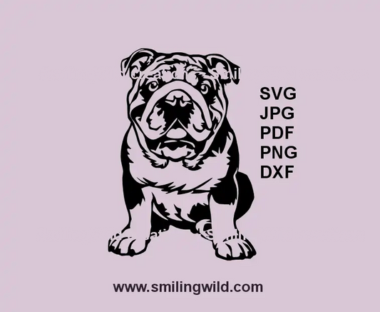 English Bulldog SVG sitting dog laser cut file – realistic black vector design for engraving, Cricut, and xTool projects