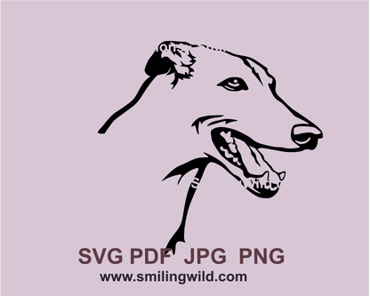 a graphic art design of a smlingn english greyhound