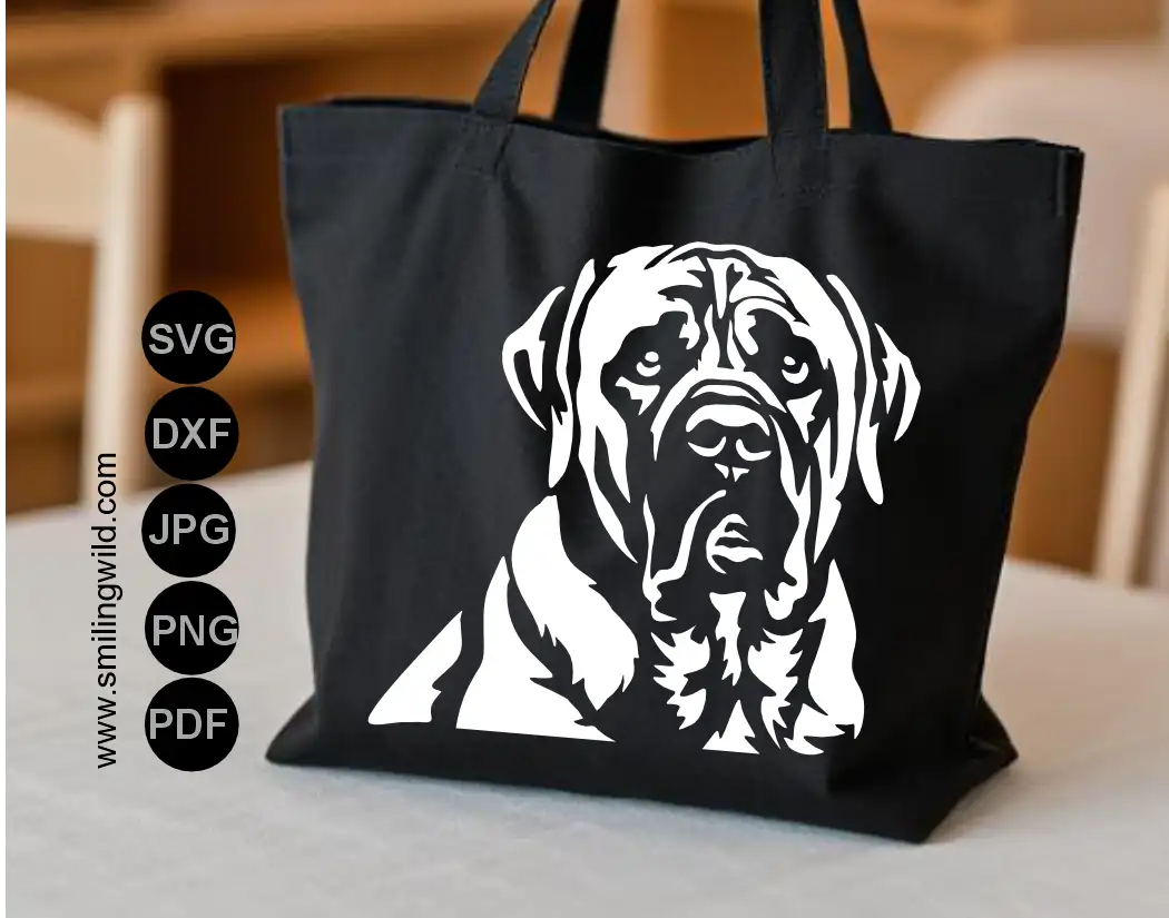 english mastiff svg, dxf and png face design clipart presented as a tote bag decal