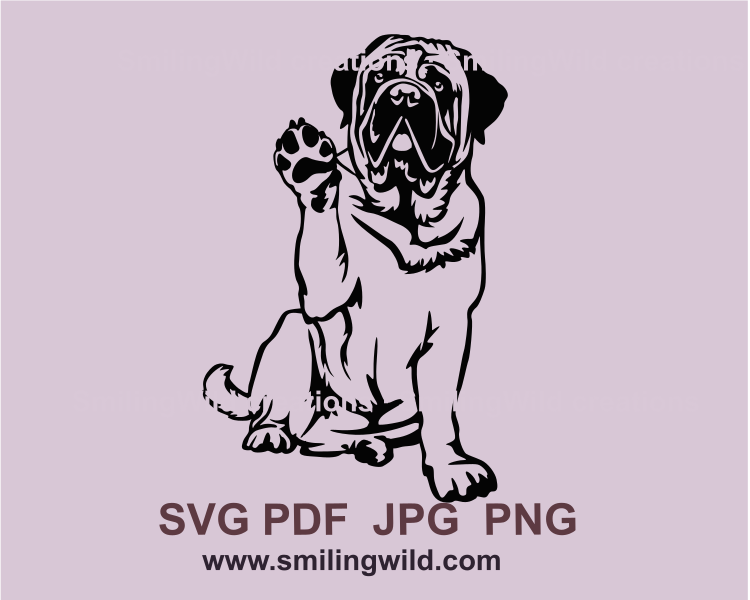 sitting english mastiff is showing his paw in a graphic design made on a digital device