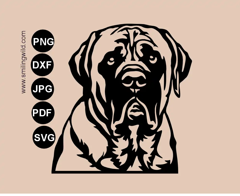 English Mastiff dog frontal vector grpahic portrait in SVG , PNG and DXF clipart made for for Cricut and Silhouette cutting. The drawing shows a frontal dog face with translarent backgound