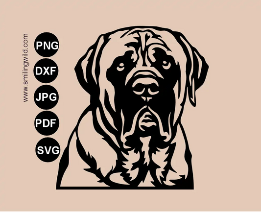 English Mastiff dog frontal vector grpahic portrait in SVG , PNG and DXF clipart made for for Cricut and Silhouette cutting. The drawing shows a frontal dog face with translarent backgound