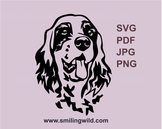 a smiling hunting dog face of an english setter drawn in graphic digital image