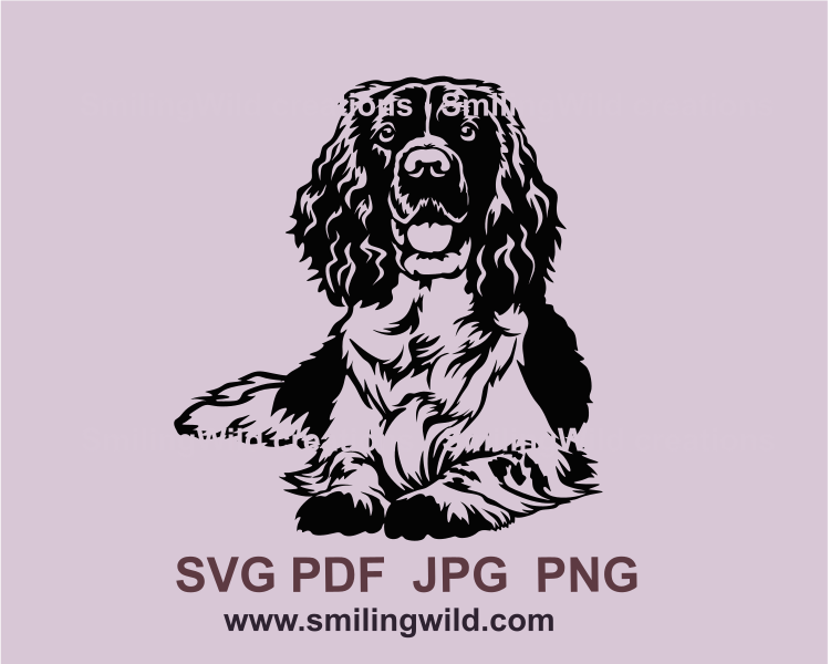 Lying english springer spaniel clip art image in a black color 