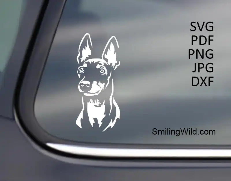 English Toy Terrier White Vector Graphic head image applied to a black surface, demonstrating visibility of dog clipart on dark materials.