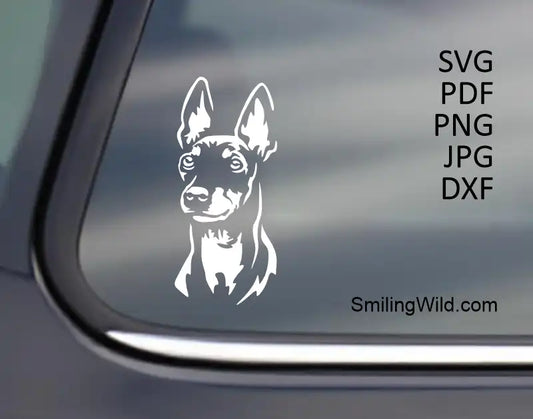 English Toy Terrier White Vector Graphic head image applied to a black surface, demonstrating visibility of dog clipart on dark materials.