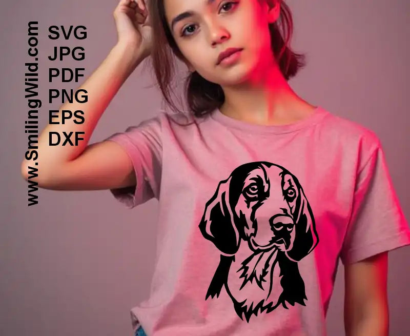 Finnish Hound Dog SVG, PNG, DXF black clipart, hunting dog portrait on a mockup for t shirt decal design, Cricut, laser cutting, rustic canine crafts