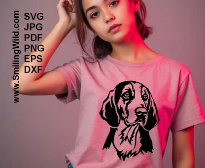 Finnish Hound Dog SVG, PNG, DXF black clipart, hunting dog portrait on a mockup for t shirt decal design, Cricut, laser cutting, rustic canine crafts