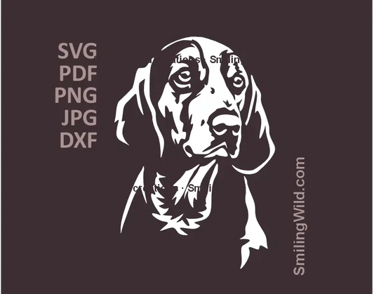 Finnish Hound Dog SVG, PNG, DXF white clipart, hunting portrait preview for Cricut, laser cutting, pastoral canine crafts