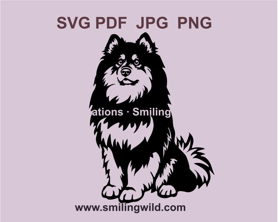 a vector graphic drawing of a full body sitting finnish lapphund or lapinkoira