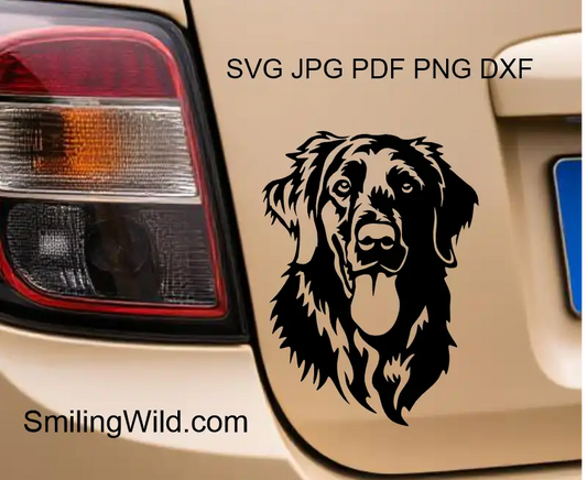 A car decal represeintinga smiling Flat-Coated Retriever face in black  SVG PNG DXF vector file professional cuttable clipart