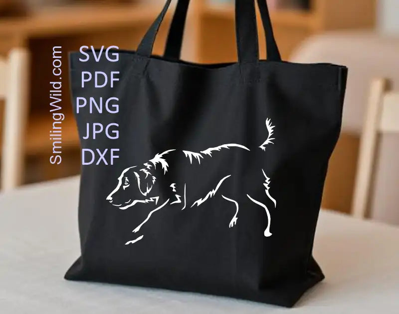 A tote bag design presenting a Flat Coated Retriever hunting dog clipart - a SVG, PNG, DXF digital design for laser engraving, Cricut, and custom crafts